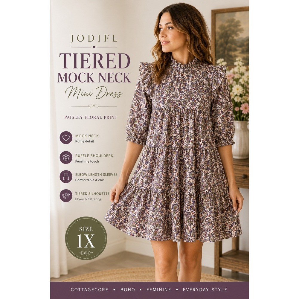 Jodifl Paisley Floral Tiered Ruffle Mini‎ Dress XL Cottagecore Boho Prairie